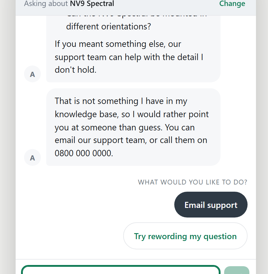 The assistant declining to answer, saying the information is not in its knowledge base and offering to hand the user to the support team.
