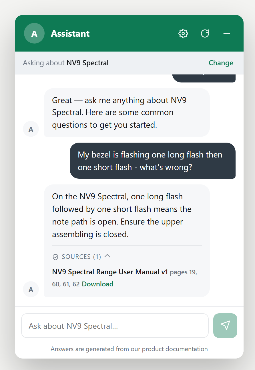 The assistant answering a hardware fault question, with a SOURCES panel citing the NV9 Spectral Range User Manual v1, pages 19, 60, 61 and 62.